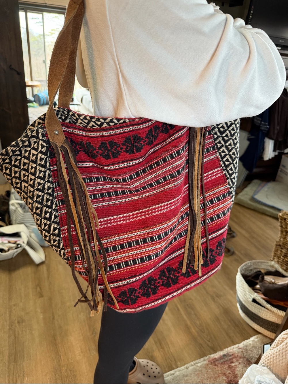 Red Patterned Fringe Tote Bag with Black Geometric Panels